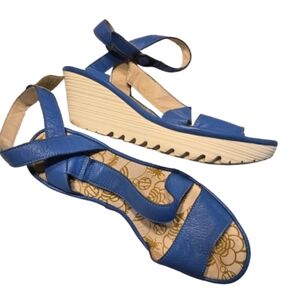 Fly London Blue Leather Wrap Ankle Platform Wedge Sandals Size EU 40